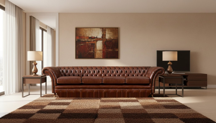 Divano marrone Chesterfield a quattro posti, nuovo arredo per il soggiorno.