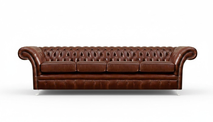 Divano marrone Chesterfield a quattro posti, nuovo arredo per il soggiorno.