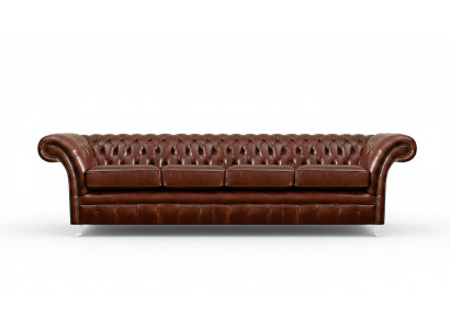 Divano marrone Chesterfield a quattro posti, nuovo arredo per il soggiorno.