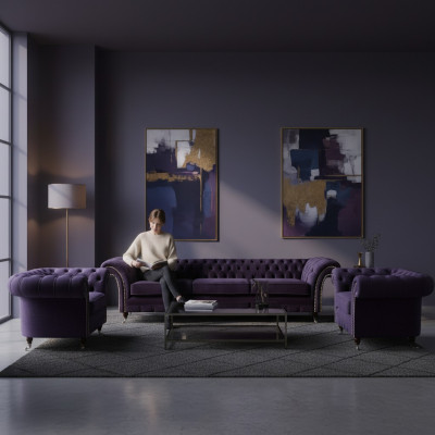 Soggiorno Set di lusso 3 pezzi Arredamento Viola Completo Mobili imbottiti Chesterfield