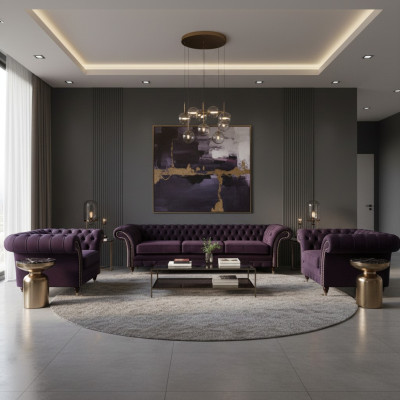 Soggiorno Set di lusso 3 pezzi Arredamento Viola Completo Mobili imbottiti Chesterfield