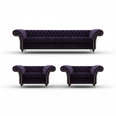 Soggiorno Set di lusso 3 pezzi Arredamento Viola Completo Mobili imbottiti Chesterfield