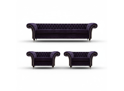 Soggiorno Set di lusso 3 pezzi Arredamento Viola Completo Mobili imbottiti Chesterfield