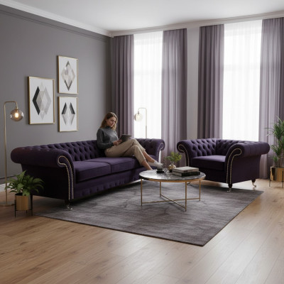 Set completo divano Chesterfield a 2 posti viola con poltrona per il soggiorno, nuovo.
