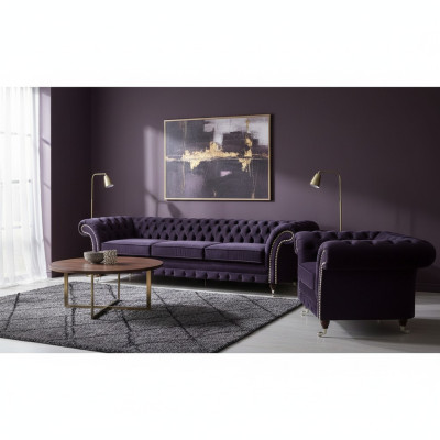 Set completo divano Chesterfield a 2 posti viola con poltrona per il soggiorno, nuovo.
