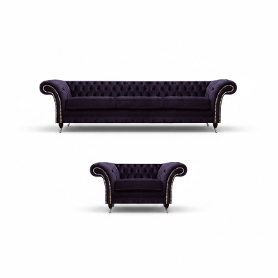 Set completo divano Chesterfield a 2 posti viola con poltrona per il soggiorno, nuovo.