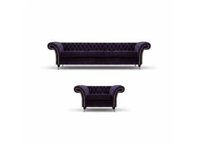 Set completo divano Chesterfield a 2 posti viola con poltrona per il soggiorno, nuovo.