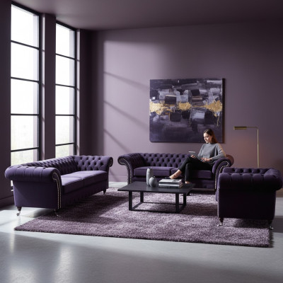 Set da soggiorno imbottito 3 pezzi Chesterfield divano in tessuto poltrone arredamento