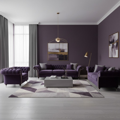 Set da soggiorno imbottito 3 pezzi Chesterfield divano in tessuto poltrone arredamento