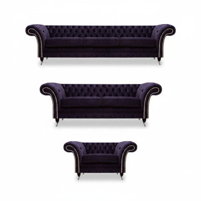 Set da soggiorno imbottito 3 pezzi Chesterfield divano in tessuto poltrone arredamento