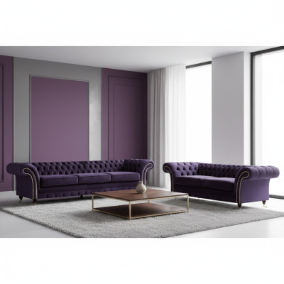 Set di divani lilla composto da un divano a tre posti e due poltrone Chesterfield di lusso.