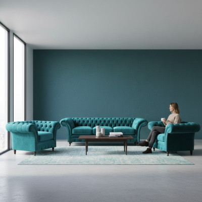 Design Chesterfield set di divani a tre posti, divano e due poltrone imbottite.