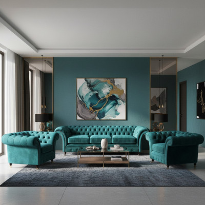 Design Chesterfield set di divani a tre posti, divano e due poltrone imbottite.