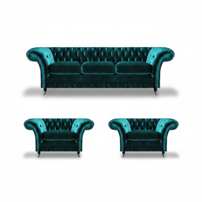 Design Chesterfield set di divani a tre posti, divano e due poltrone imbottite.