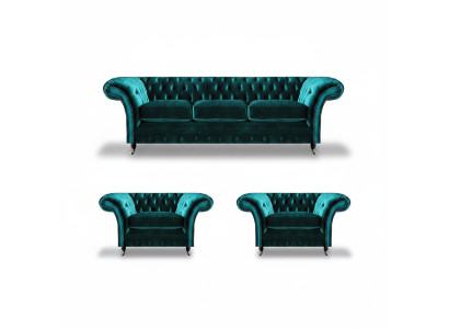 Design Chesterfield set di divani a tre posti, divano e due poltrone imbottite.