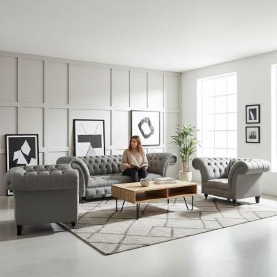 Set soggiorno 3 pezzi Chesterfield divani grigi tessuto mobili imbottiti 2x poltrone