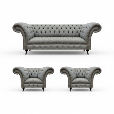 Set soggiorno 3 pezzi Chesterfield divani grigi tessuto mobili imbottiti 2x poltrone