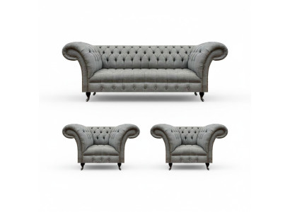 Set soggiorno 3 pezzi Chesterfield divani grigi tessuto mobili imbottiti 2x poltrone