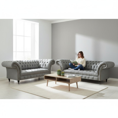 Chesterfield grigio set soggiorno completo divano a tre posti poltrona di lusso nuovo