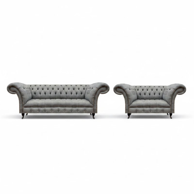Chesterfield grigio set soggiorno completo divano a tre posti poltrona di lusso nuovo