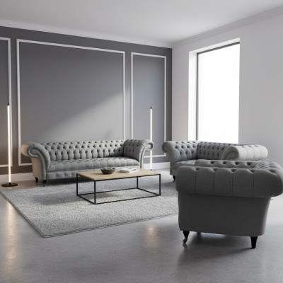 Soggiorno Grigio Set 3 pezzi Lusso Divani Salotto Poltrona Chesterfield