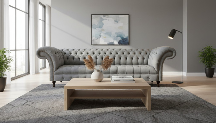 Soggiorno Lusso Grigio Divano Chesterfield Nuovo a Quattro Posti