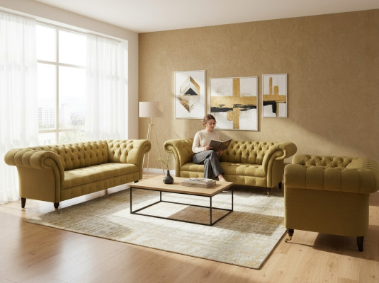 Soggiorno giallo set di divani 3 pezzi lusso divani set imbottiti seduta nuova Chesterfield