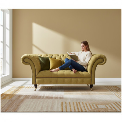 Giallo divano Chesterfield a due posti per il soggiorno in tessuto di lusso.