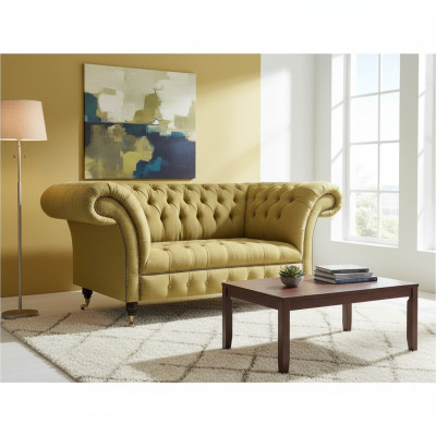 Giallo divano Chesterfield a due posti per il soggiorno in tessuto di lusso.