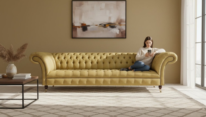 Divano di lusso a quattro posti Chesterfield in tessuto per il salotto