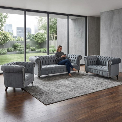 Set di lusso 3 pezzi divano set soggiorno Chesterfield grigio arredamento nuovo