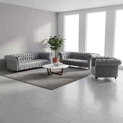 Set di lusso 3 pezzi divano set soggiorno Chesterfield grigio arredamento nuovo