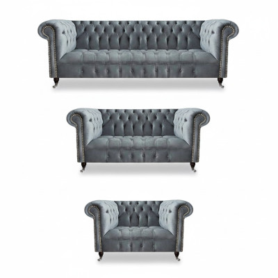 Set di lusso 3 pezzi divano set soggiorno Chesterfield grigio arredamento nuovo