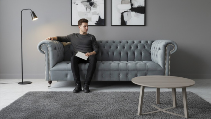 Divano Chesterfield a tre posti soggiorno Divano Grigio Tessuto Nuovo