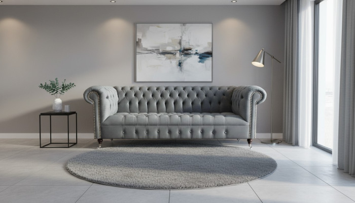 Divano Chesterfield a tre posti soggiorno Divano Grigio Tessuto Nuovo