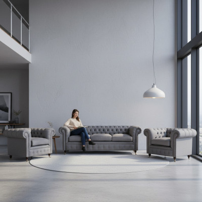 Grigio Chesterfield set da soggiorno di lusso 3 pezzi tessuto divani poltrona