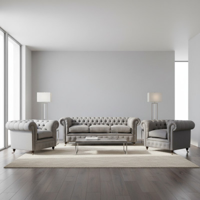 Grigio Chesterfield set da soggiorno di lusso 3 pezzi tessuto divani poltrona