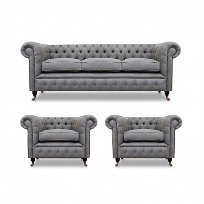 Grigio Chesterfield set da soggiorno di lusso 3 pezzi tessuto divani poltrona