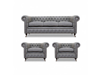 Grigio Chesterfield set da soggiorno di lusso 3 pezzi tessuto divani poltrona