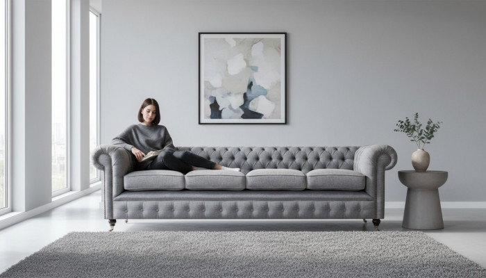 Chesterfield divano a quattro posti in tessuto grigio per arredamento soggiorno nuovo.