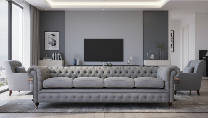 Chesterfield divano a quattro posti in tessuto grigio per arredamento soggiorno nuovo.