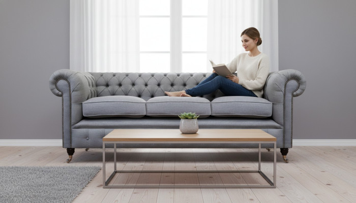 Grigio Chesterfield Salotto Tessuto Arredamento Lusso Divano a tre posti