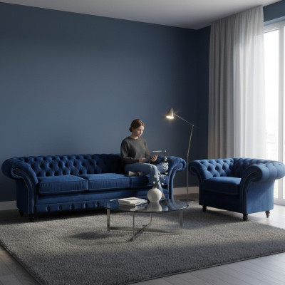 Tessuto design divano poltrona imbottita blu tre posti divano poltrona Chesterfield