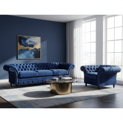 Tessuto design divano poltrona imbottita blu tre posti divano poltrona Chesterfield
