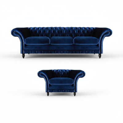 Tessuto design divano poltrona imbottita blu tre posti divano poltrona Chesterfield