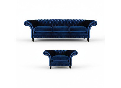 Tessuto design divano poltrona imbottita blu tre posti divano poltrona Chesterfield