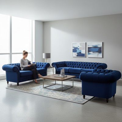Lusso Design Nuovo Set Soggiorno Blu Divano 3 pezzi Arredamento Chesterfield