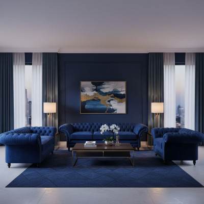 Lusso Design Nuovo Set Soggiorno Blu Divano 3 pezzi Arredamento Chesterfield