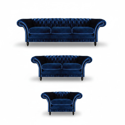 Lusso Design Nuovo Set Soggiorno Blu Divano 3 pezzi Arredamento Chesterfield