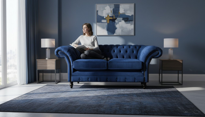 Divano da soggiorno a due posti arredamento blu Chesterfield nuovo